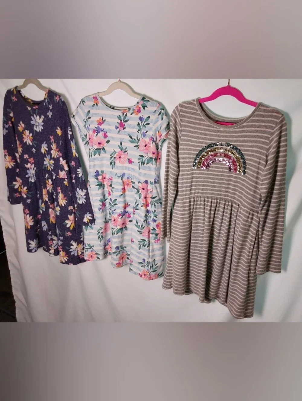 Girl's Navy Floral, White/Gray Stripe Sequin Rainbow, Short Sleeve Floral Bundle